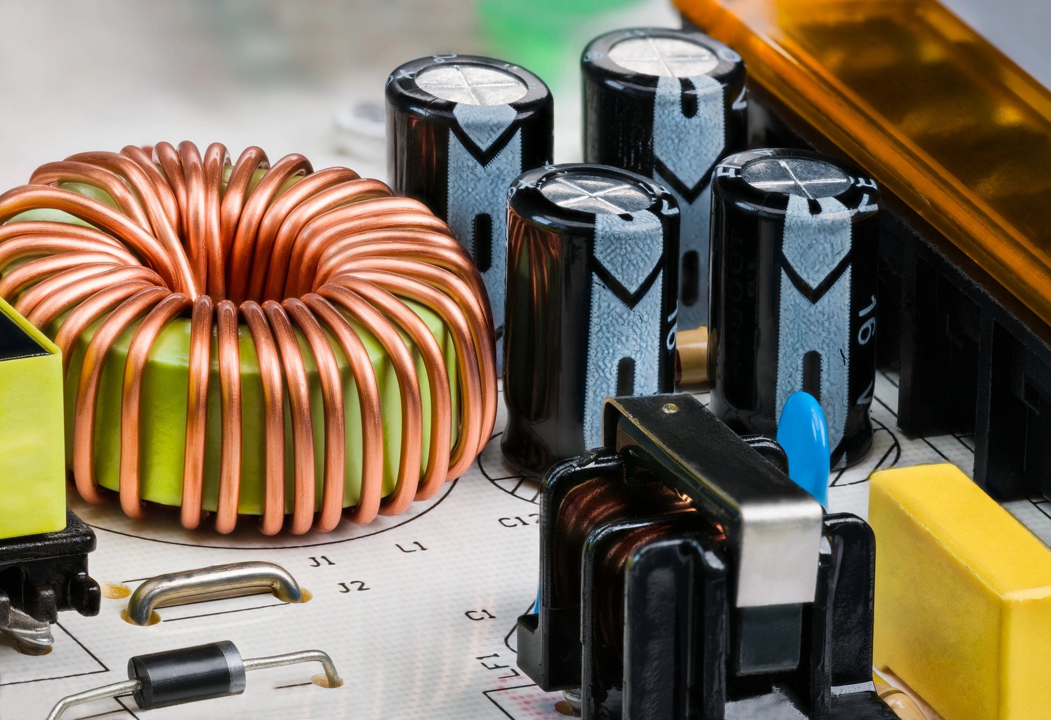 Close-up of electronic components on a printed circuit board