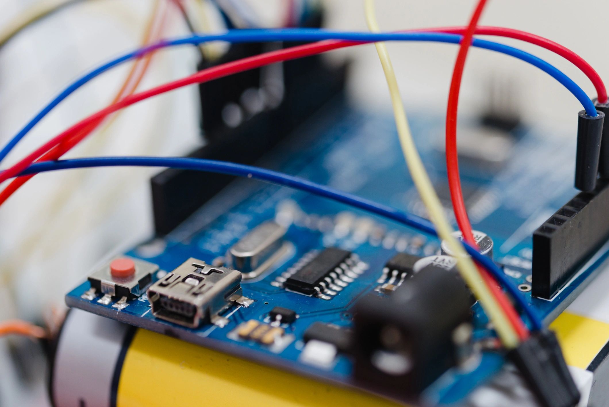 Macro view of embedded systems motherboard and cables